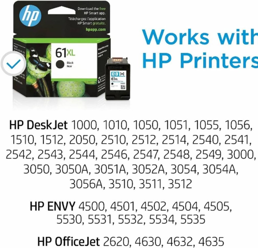 HP 61XL Black High-Yield Ink Cartridge | Compatible with Deskjet 1000, 1010, 1050, 1510, 2050, 2510, 2540, 3000, 3050, 3510; Envy 4500, 5530; Officejet 2620, 4630 | Instant Ink Eligible | CH563WN | Original HP Ink