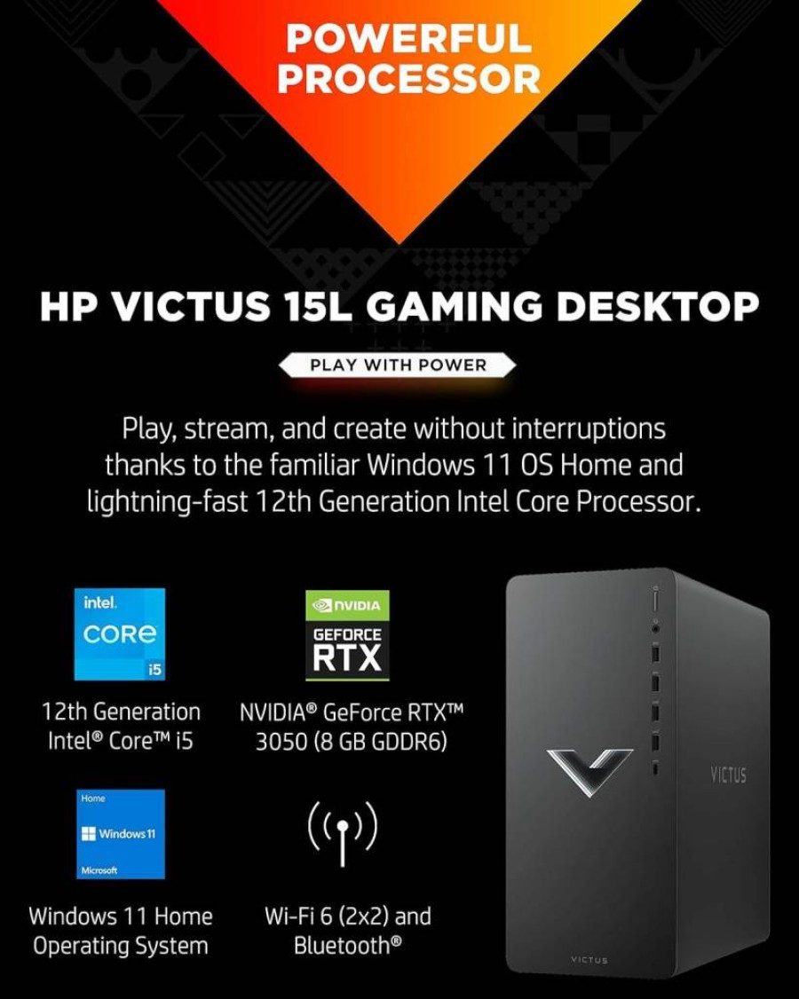 HP Victus 15L Gaming Desktop TG02-0021 (2022) - Intel Core i5-12400F, NVIDIA RTX 3050, 8GB RAM, 512GB SSD, Windows 11 Home, Wi-Fi 6, Bluetooth