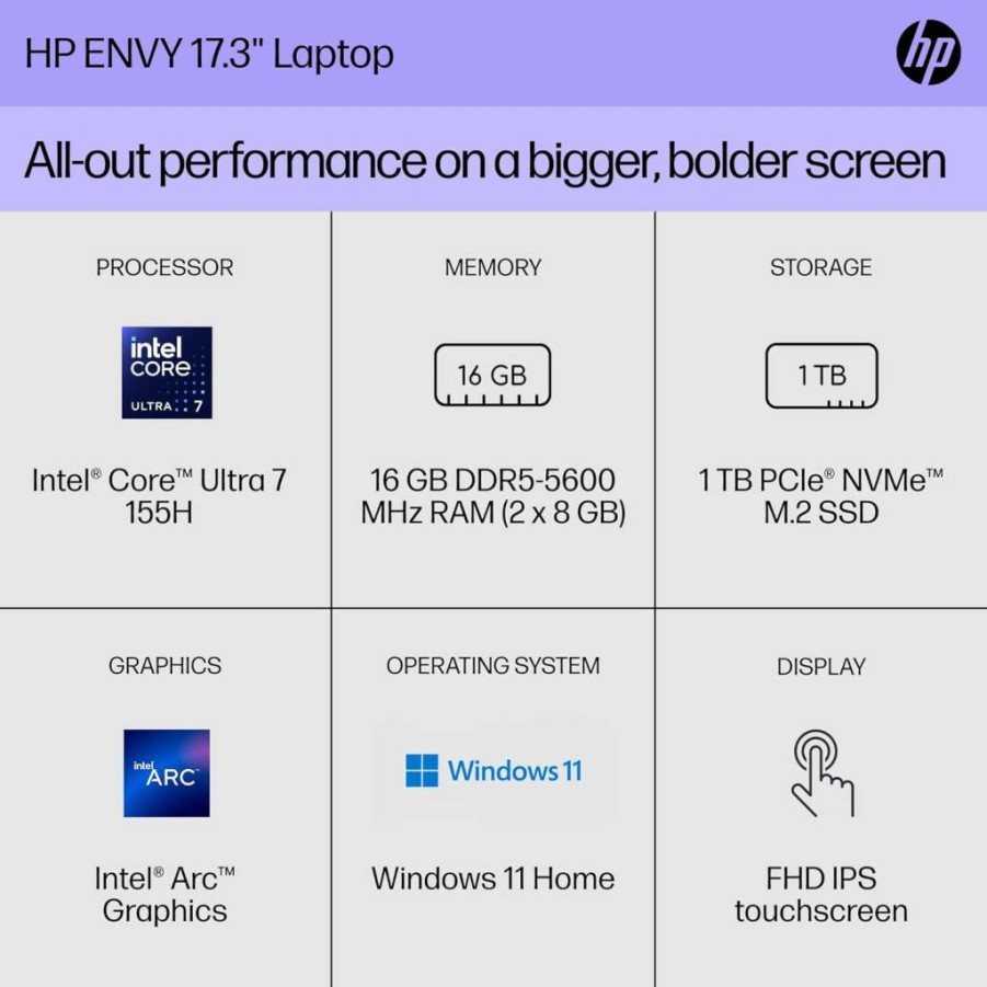 HP Envy 17" Touchscreen Laptop (2024) - Intel Core Ultra 7 155H, 16GB RAM, 1TB SSD, FHD Display, Intel Arc Graphics, Windows 11 Home, Copilot Key - 17-CW1010NR