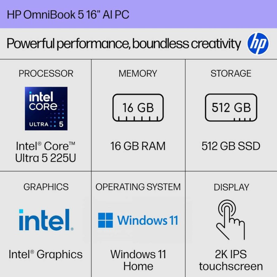 HP Omnibook 5 16-inch AI Laptop, Intel Core Ultra 5 225U, 16GB RAM, 512GB SSD, 2K Touchscreen, Windows 11 Home, Glacier Silver (16-Af1700Nr)