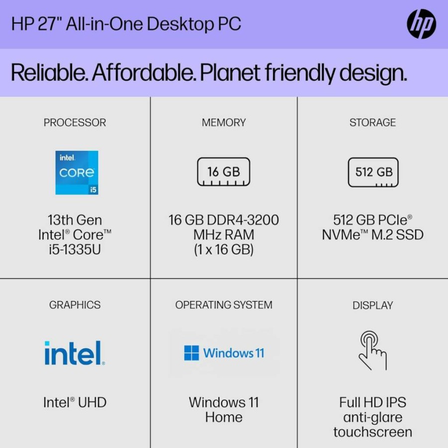 HP 27-Cr0070 All-in-One Desktop PC (2023) - 27" FHD Display, 13th Gen Intel Core i5-1335U, 16GB RAM, 512GB SSD, Windows 11 Home