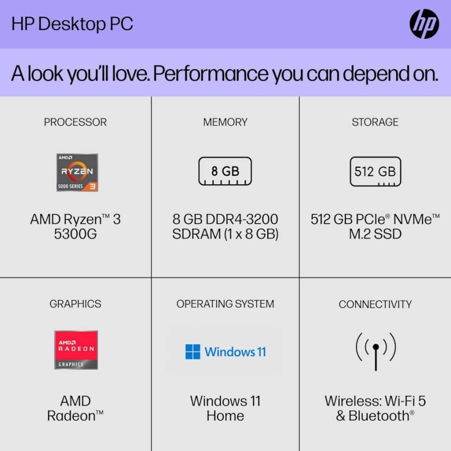 HP M01-F3020 Desktop PC (2022) - AMD Ryzen 3 5300G, 8GB RAM, 512GB SSD, Radeon Graphics, Windows 11 Home, Black