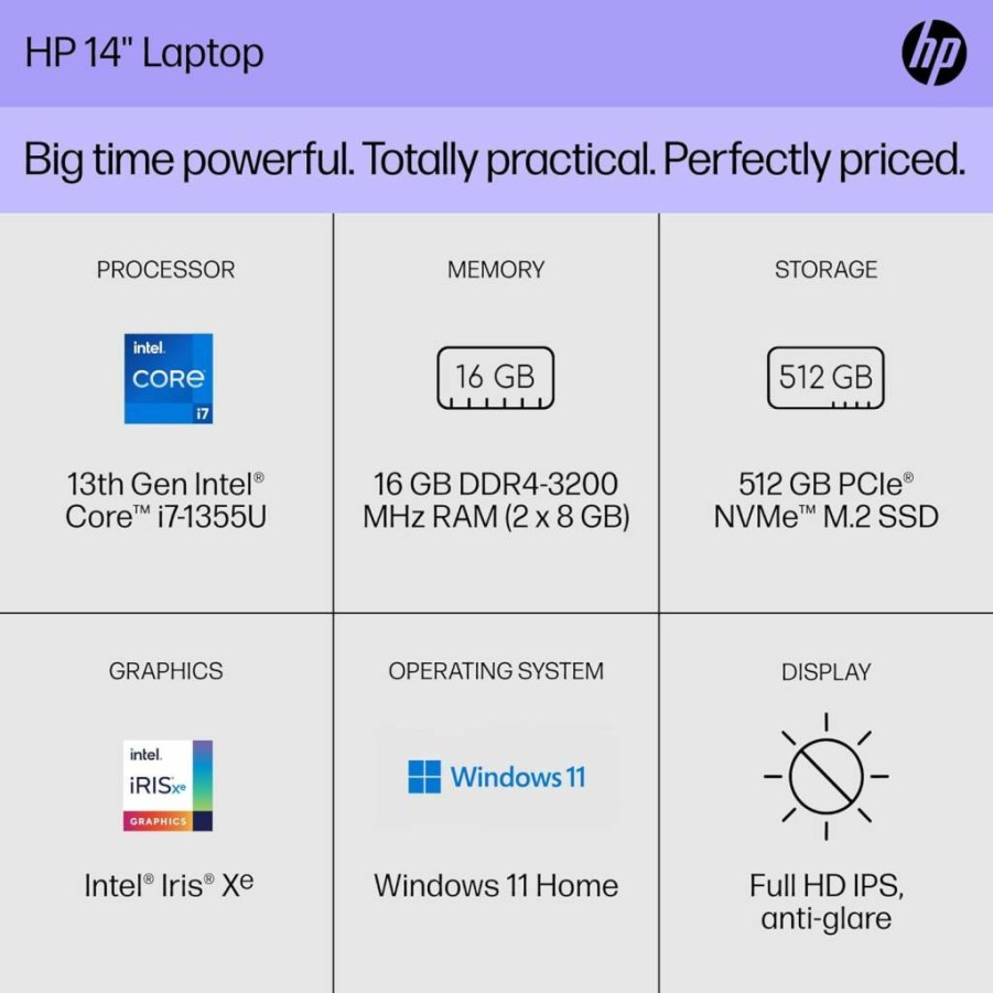 HP 14" FHD Laptop (2024) - 13th Gen Intel Core i7-1355U, 16GB RAM, 512GB SSD, Iris Xe Graphics, Windows 11 Home, Model 14-EP0199NR