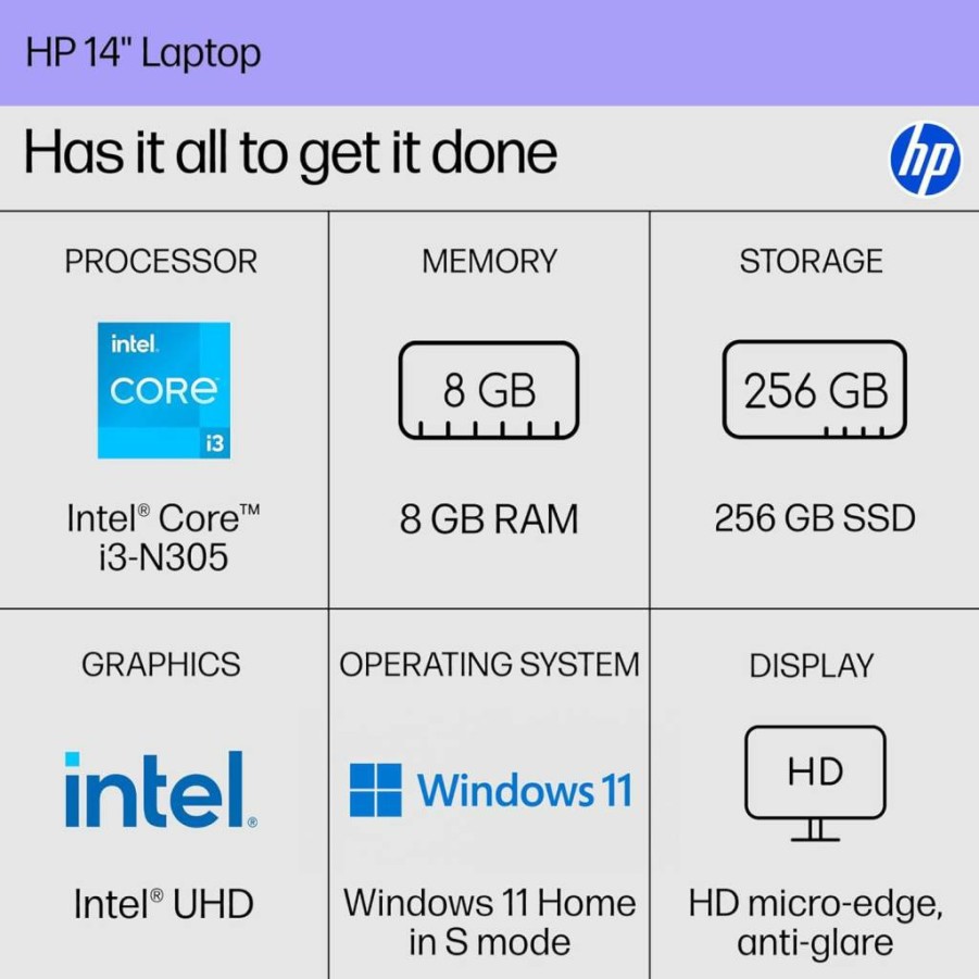 HP 14-Ep0299Nr 14" HD Laptop - Intel Core i3-N305, 8GB RAM, 256GB SSD, Intel UHD Graphics, Windows 11 Home (S Mode), Natural Silver