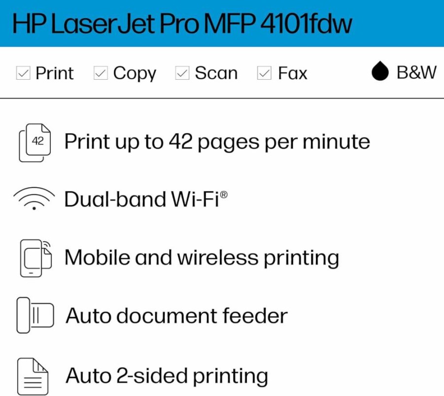 HP LaserJet Pro MFP 4101fdw Wireless All-in-One Laser Printer with Scanner, Copier & Fax | Fast Office Printing | 2Z619F