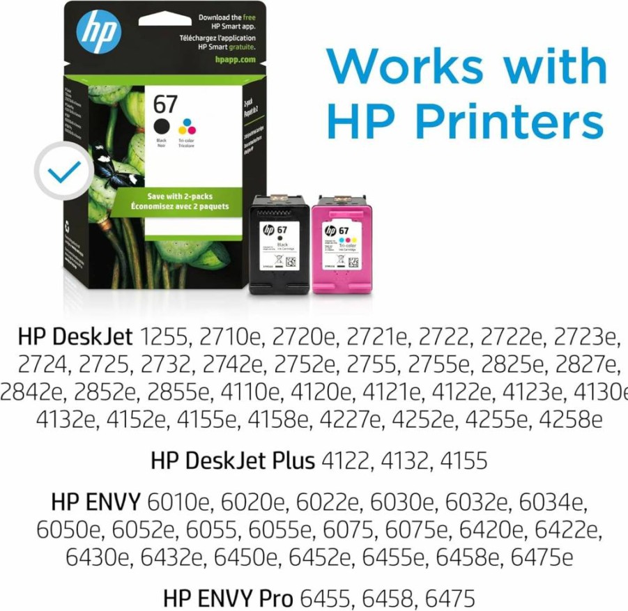 HP 67 Black & Tri-Color Ink Cartridges Combo for HP Deskjet 1255, 2700, 4100 & Envy 6000, 6400 Printers | Instant Ink Compatible | Original HP 3Yp29An Ink