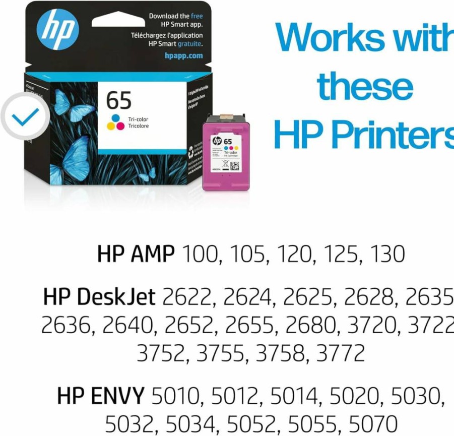 HP 65 Tri-Color Ink Cartridge (N9K01AN) - Compatible with HP Envy 5000, Deskjet 2600/3700, AMP 100 Series - Instant Ink Eligible