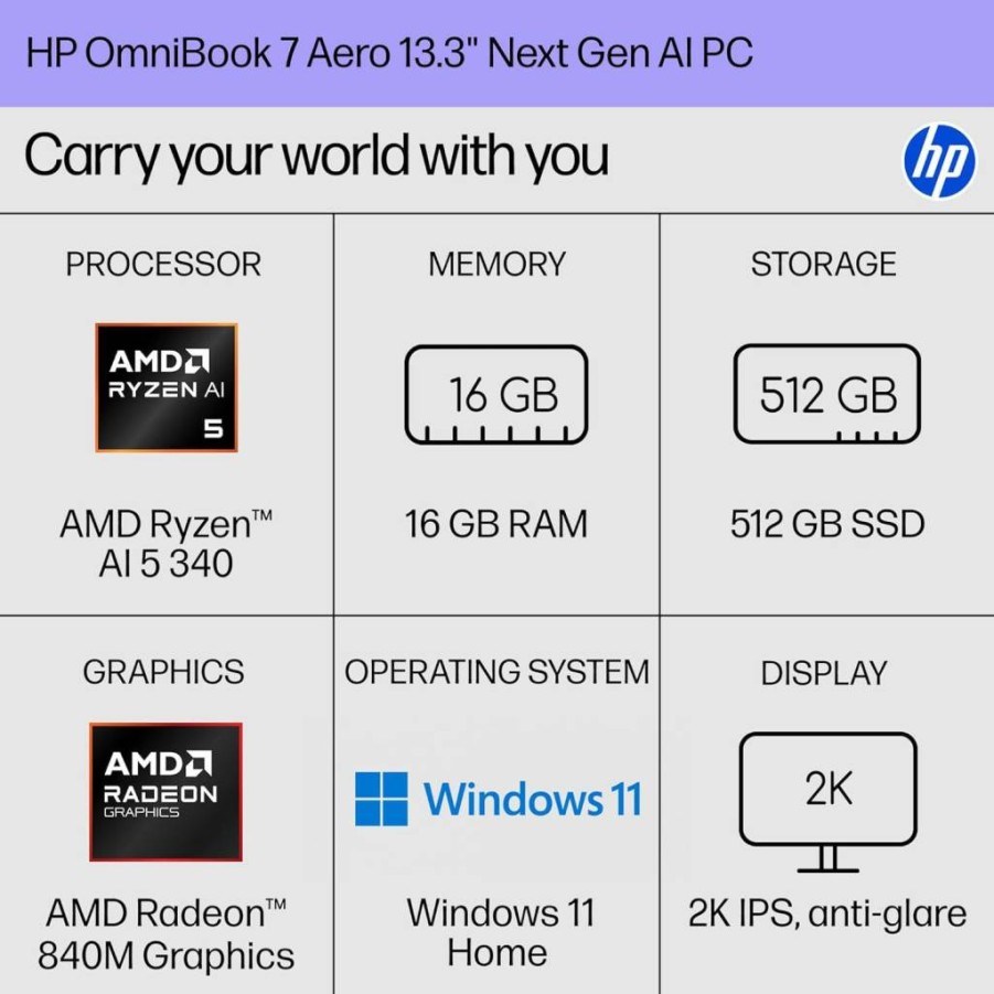 HP Omnibook 7 Aero 13.3" AI Laptop: Ryzen AI 5 340, 2K Display, 16GB RAM, 512GB SSD, Radeon 840M, Windows 11, Copilot+ PC, 50 TOPS NPU, Glacier Silver (13-BG1000NR)