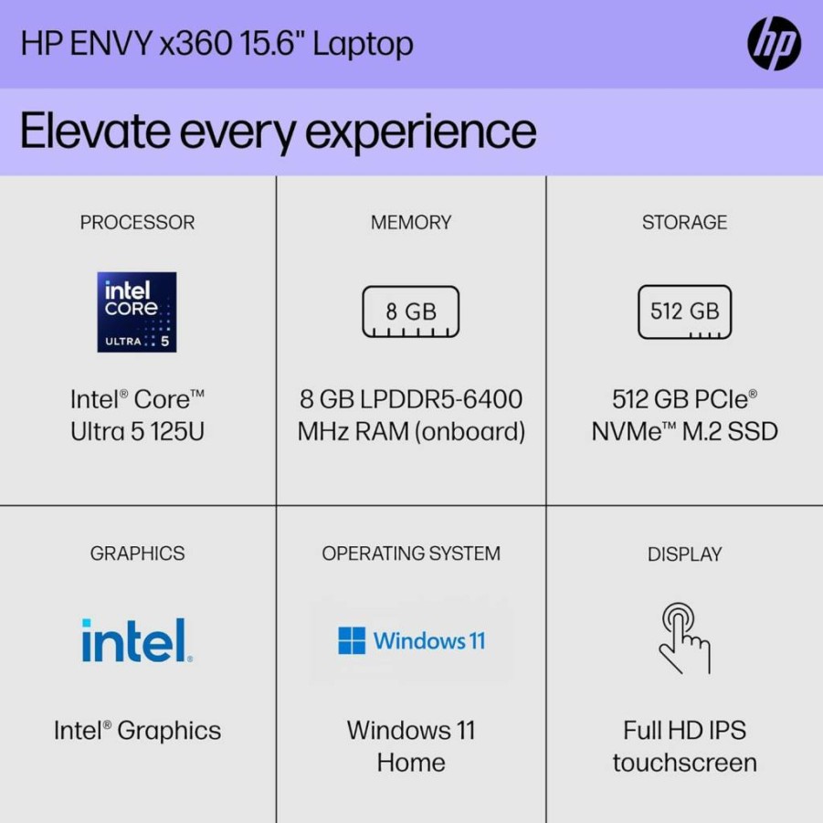 HP Envy X360 15.6" FHD Touchscreen Laptop (2024) - Intel Core Ultra 5 125U, 8GB RAM, 512GB SSD, Windows 11 Home, Convertible 2-in-1, Copilot Key, 15-Fe1010Nr