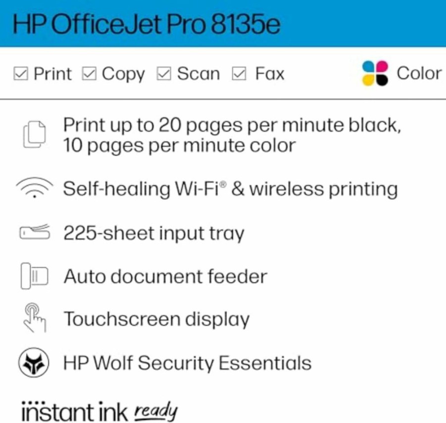 HP OfficeJet Pro 8135E Wireless All-in-One Printer with Print, Scan, Copy, Fax, ADF, Duplex Printing & 3-Month Instant Ink Trial – Ideal for Home Office (40Q35A)
