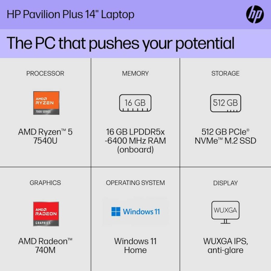 HP Pavilion Plus 14" Laptop (2023) - AMD Ryzen 5 7540U, 16GB RAM, 512GB SSD, WUXGA Display, AMD Radeon 740M Graphics, Windows 11 Home - 14-EY0010NR