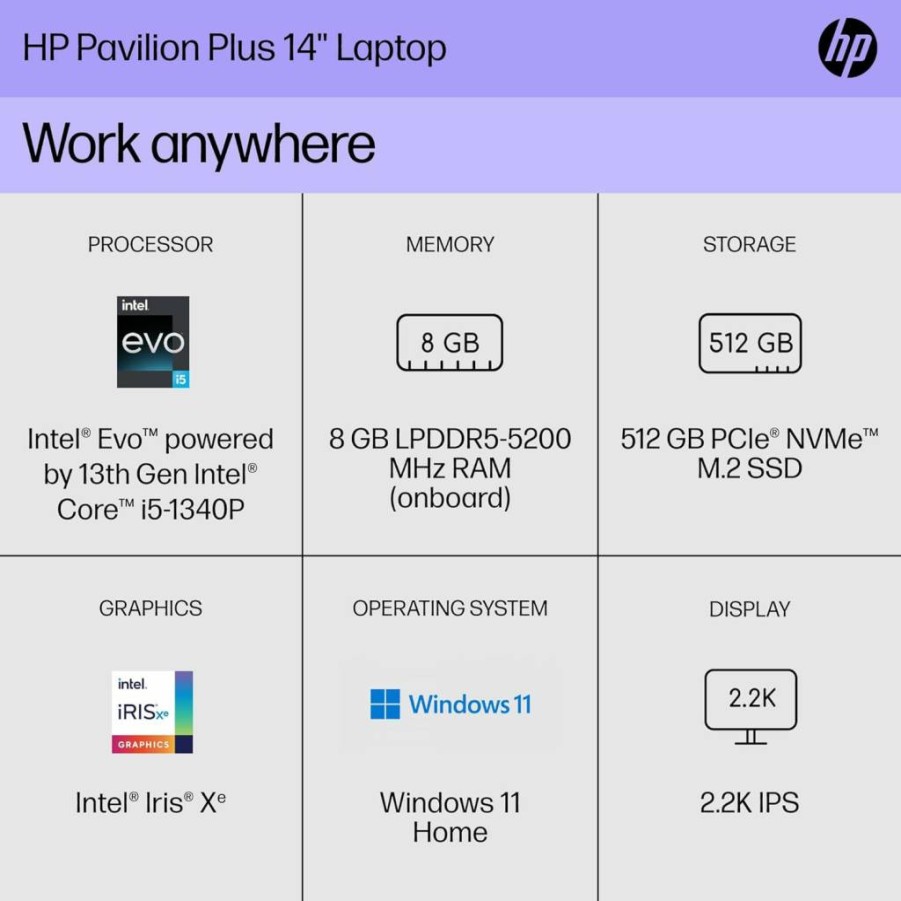 HP Pavilion Plus 14-Eh1010Nr 14" 2.2K Laptop - Intel Core i5, 8GB RAM, 512GB SSD, Windows 11 Home, Natural Silver