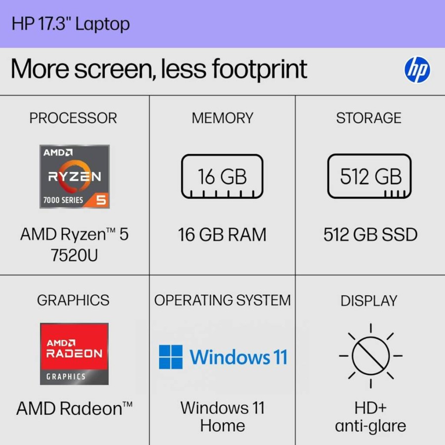HP 17.3" Laptop, AMD Ryzen 5 7520U, 16GB RAM, 512GB SSD, Radeon Graphics, Windows 11 Home, 17-CP2199NR (Natural Silver)