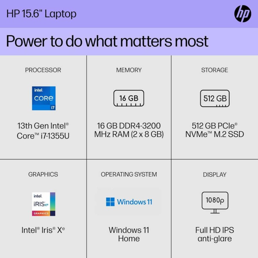 HP 15.6" Laptop Intel Core i7-13th Gen 16GB RAM 512GB SSD Windows 11 Home Silver (15-FD0099NR) Iris Xe Graphics