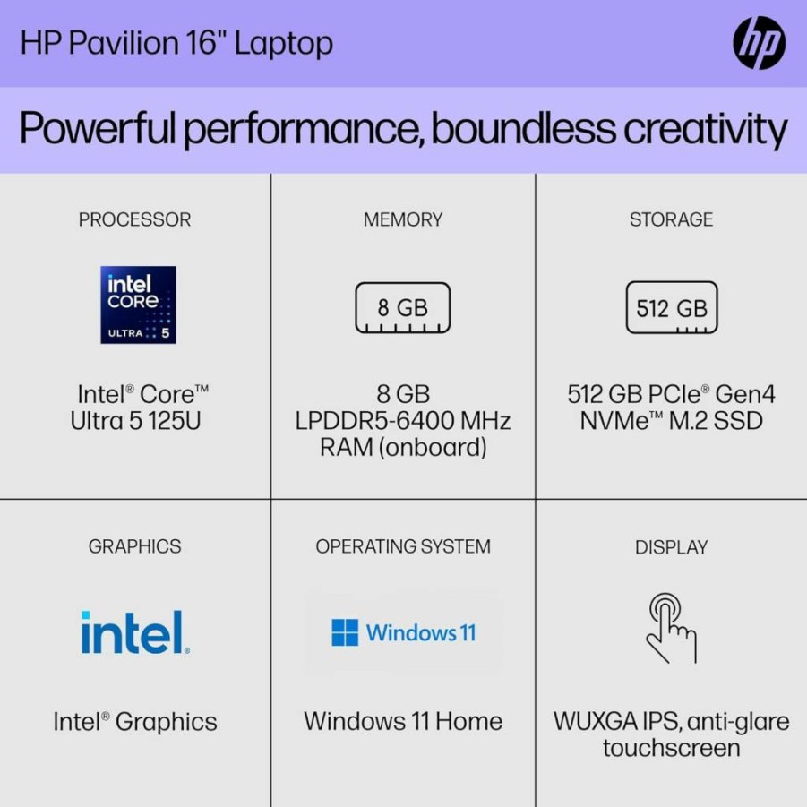 HP Pavilion 16" Touchscreen Laptop (2024) - Intel Core Ultra 5, 16GB RAM, 512GB SSD, WUXGA Display, Windows 11 Home, Copilot Key, 16-AF0010NR