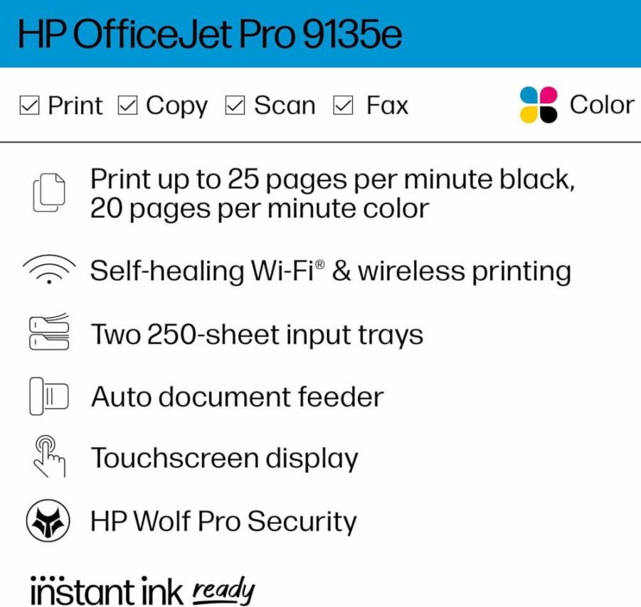 HP OfficeJet Pro 9135e All-in-One Wireless Printer for Small Business | Print, Copy, Scan, Fax | Duplex Printing | 3-Month Instant Ink Trial Included