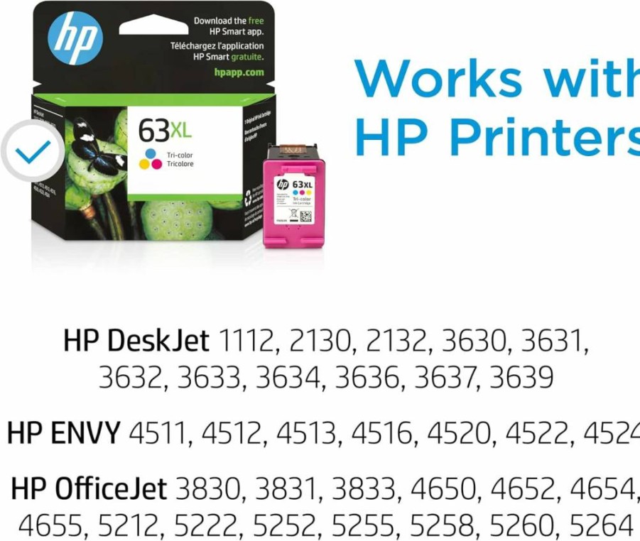 HP 63XL Tri-Color Ink Cartridge High-Yield | Compatible with HP Deskjet 1112, 2130, 3630; Envy 4510, 4520; Officejet 3830, 4650, 5200 Printers | F6U63AN | Instant Ink Eligible