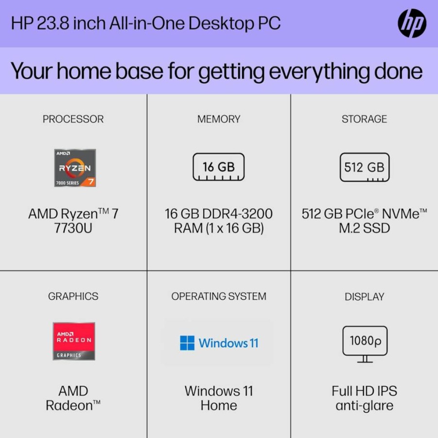 HP 27-Cr0060 All-in-One Desktop PC (2023) - 27" FHD Display, AMD Ryzen 5 7520U, 8GB RAM, 512GB SSD, Radeon Graphics, Windows 11 Home