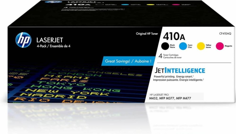 HP 410A Black, Cyan, Magenta, Yellow Toner Cartridges (4-Pack) | Compatible with HP Color LaserJet Pro M452dn, M452dw, M452nw, MFP M377dw, M477fdw, M477fnw | CF410A Replacement