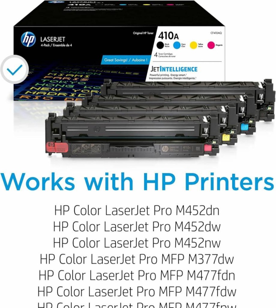 HP 410A Black, Cyan, Magenta, Yellow Toner Cartridges (4-Pack) | Compatible with HP Color LaserJet Pro M452dn, M452dw, M452nw, MFP M377dw, M477fdw, M477fnw | CF410A Replacement