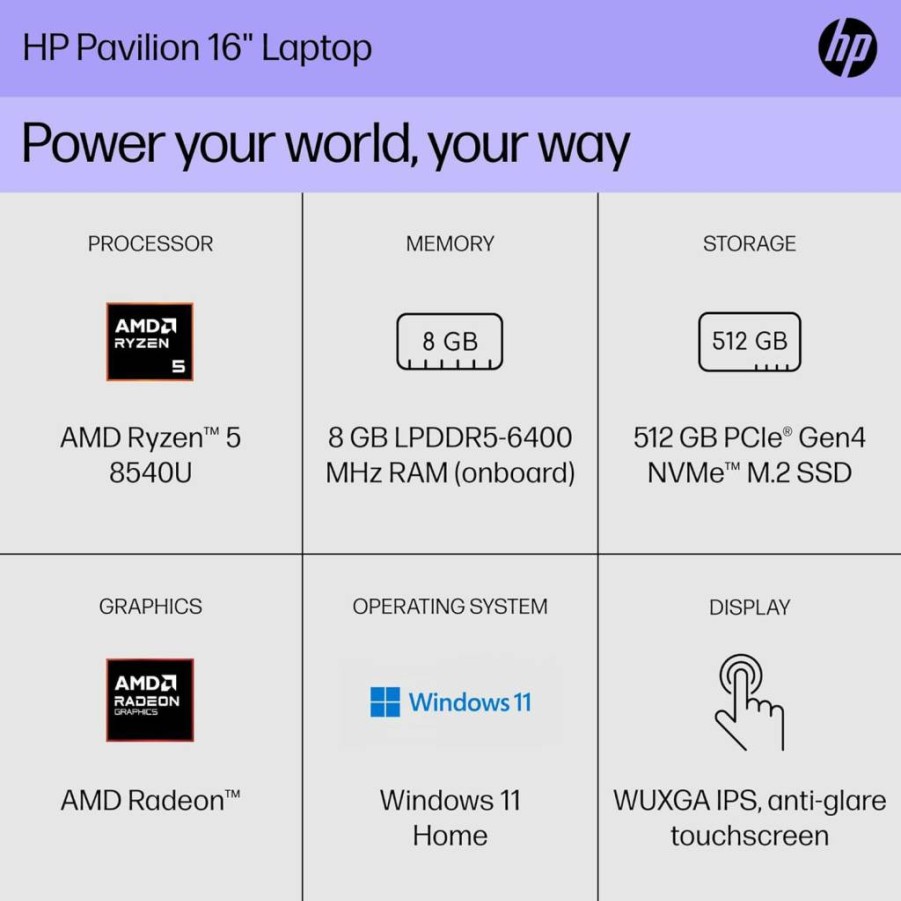 HP Pavilion 16" Touchscreen Laptop (2024) - AMD Ryzen 5 8540U, 8GB RAM, 512GB SSD, Radeon Graphics, Windows 11 Home, WUXGA Display, Copilot Key - 16-AG0010NR