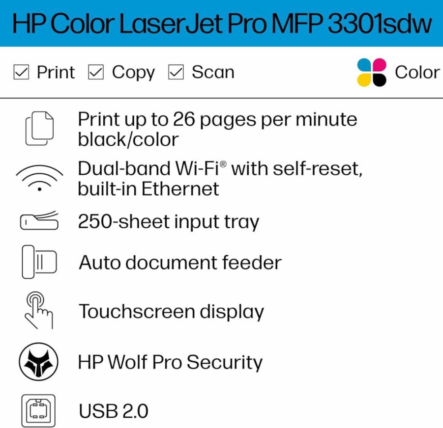 HP Color LaserJet Pro MFP 3301sdw Wireless All-in-One Printer with Scanner, Copier | Fast Color Laser Printing for Office | 499Q3F