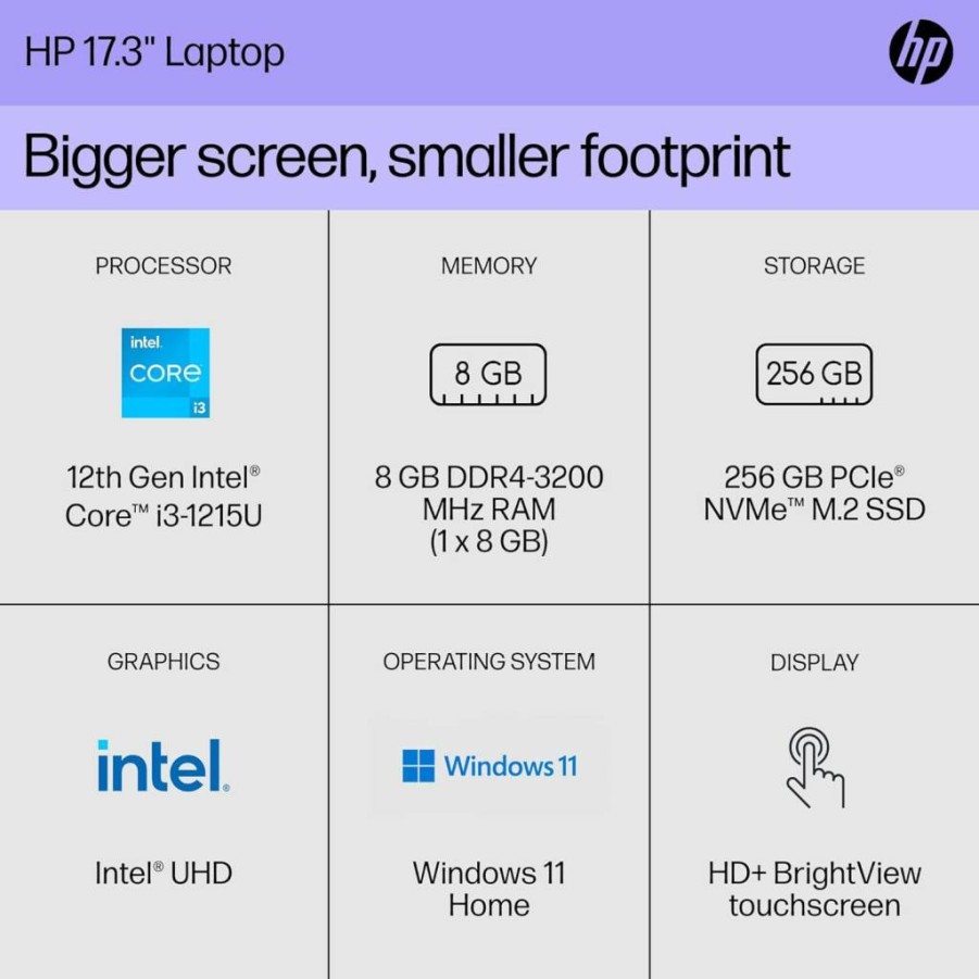 HP 17-CN2000NR 17" Laptop - 12th Gen Intel Core i3-1215U, 8GB DDR4 RAM, Intel UHD Graphics, Windows 11 Home, Silver