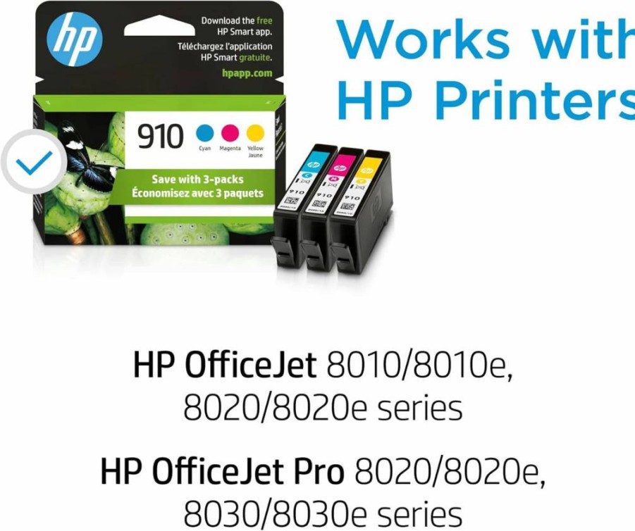 HP 910 Cyan, Magenta, Yellow Ink Cartridges 3-Pack | Compatible with HP OfficeJet 8010, 8020, Pro 8020, 8030 Series | Instant Ink Eligible | 3YN97AN