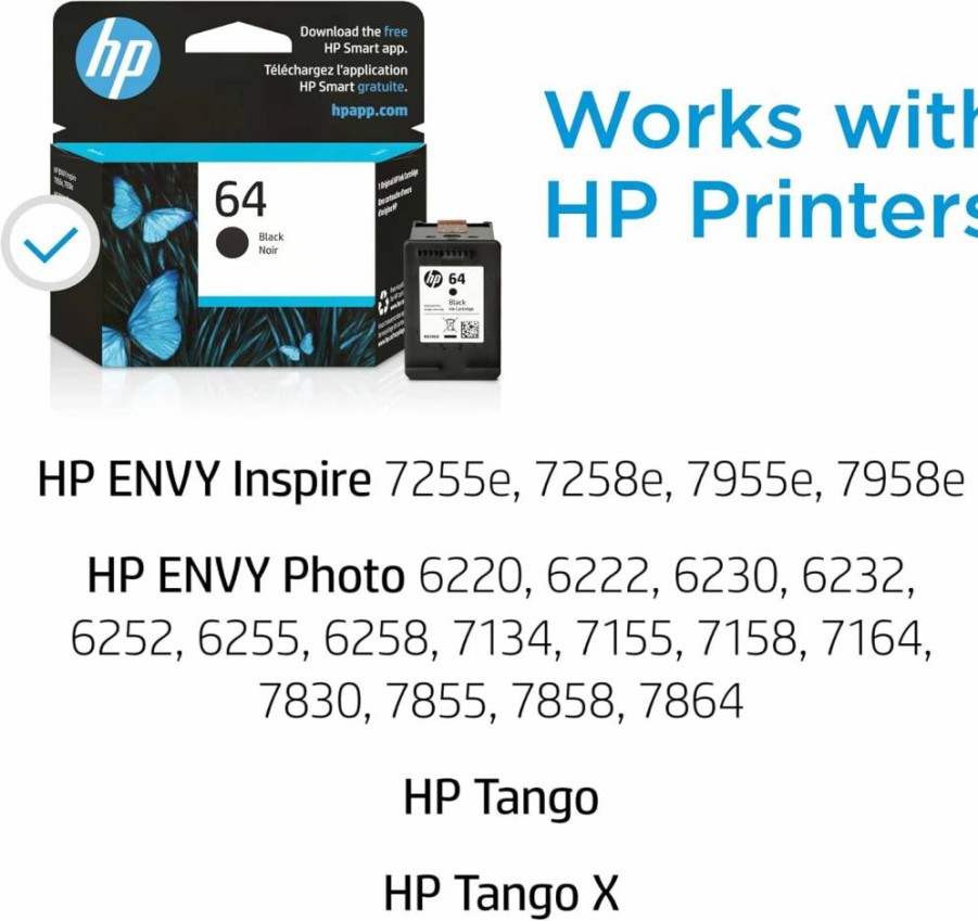 HP 64 Black Ink Cartridge N9J90AN - Compatible with HP Envy Photo 6200, 7100, 7800; Envy Inspire 7950E; Tango Printers | Instant Ink Ready | Original HP Ink