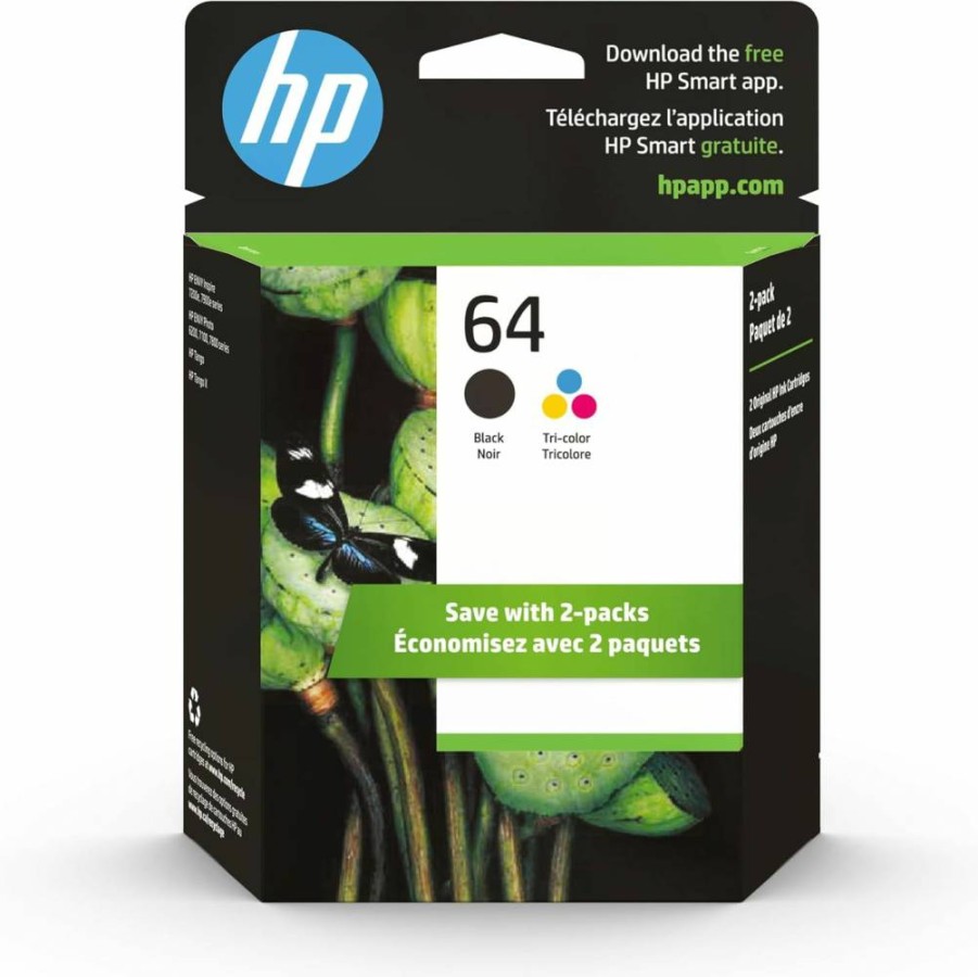 HP 64 Black & Tri-Color Ink Cartridges 2-Pack - Compatible with HP Envy Photo 6200, 7100, 7800; Envy Inspire 7950E; Tango Printer Series - Instant Ink Eligible - X4D92AN