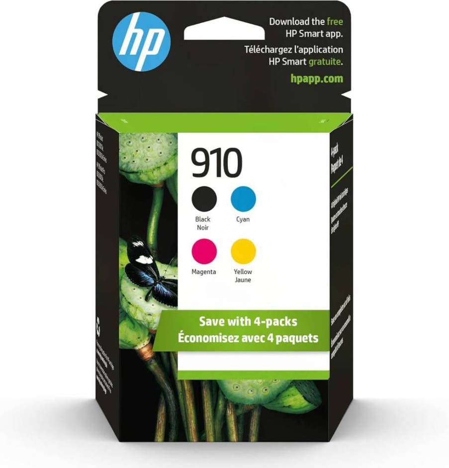HP 910 Original Ink Cartridges 4-Pack (Black, Cyan, Magenta, Yellow) - Compatible with OfficeJet 8010/8020 & Pro 8020/8030 Series - Instant Ink Eligible - 3YQ26AN