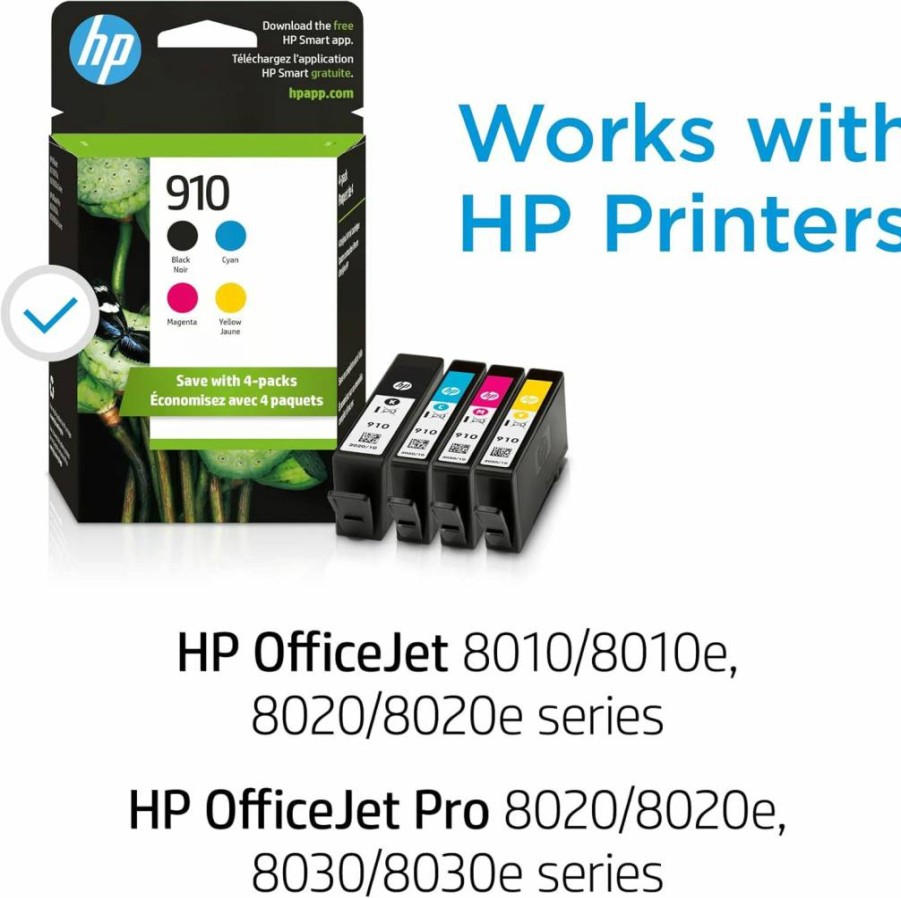 HP 910 Original Ink Cartridges 4-Pack (Black, Cyan, Magenta, Yellow) - Compatible with OfficeJet 8010/8020 & Pro 8020/8030 Series - Instant Ink Eligible - 3YQ26AN