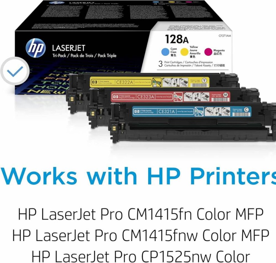 HP 128A Cyan, Magenta, Yellow Toner Cartridge 3-Pack | Compatible with HP LaserJet Pro CM1415, CP1525 Series | CF371AM | High-Yield Color Printing