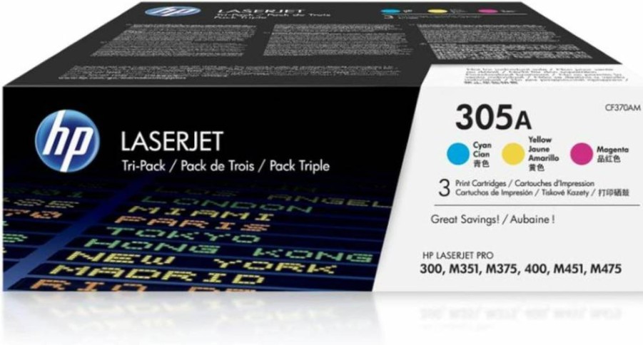 HP 305A Cyan, Magenta, Yellow Toner Cartridges (3-Pack) | Compatible with HP LaserJet Pro 300 M351, MFP M375, M451, Pro 400 MFP M475 Series | CF370AM | High-Yield Printing Supplies