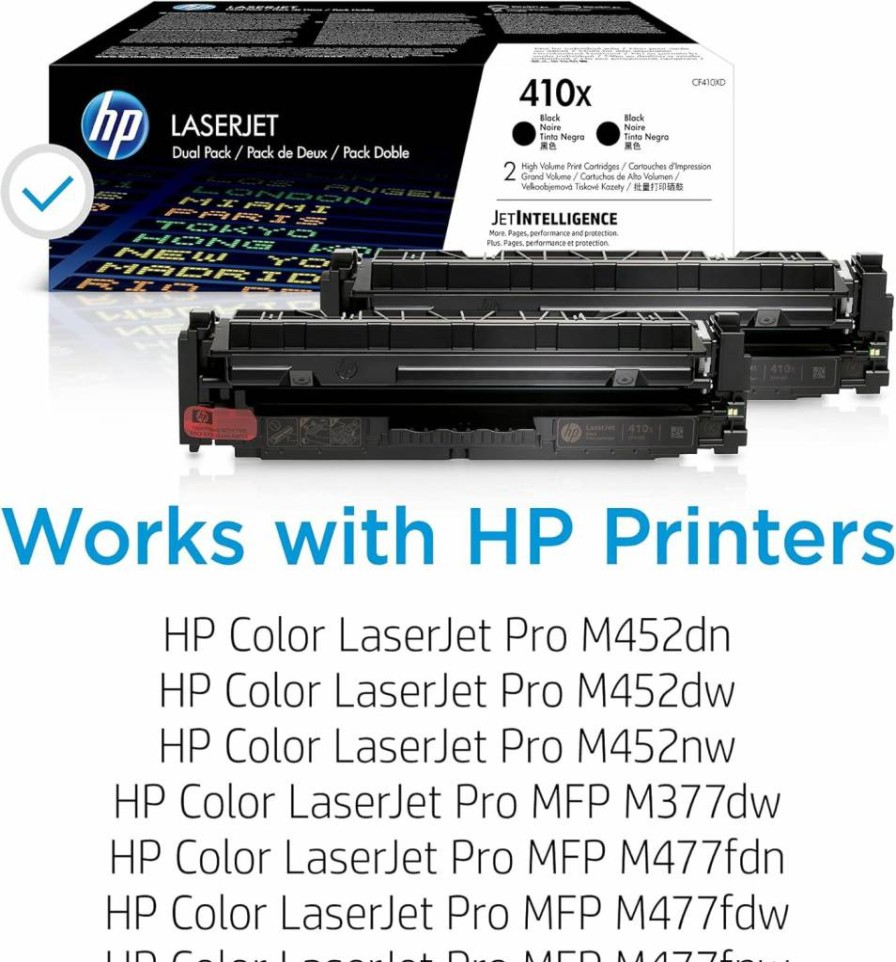 HP 410X Black High-Yield Toner Cartridge (2-Pack) - Compatible with HP Color LaserJet Pro M452dn, M452dw, M452nw, MFP M377dw, M477fdw, M477fnw (CF410XD)