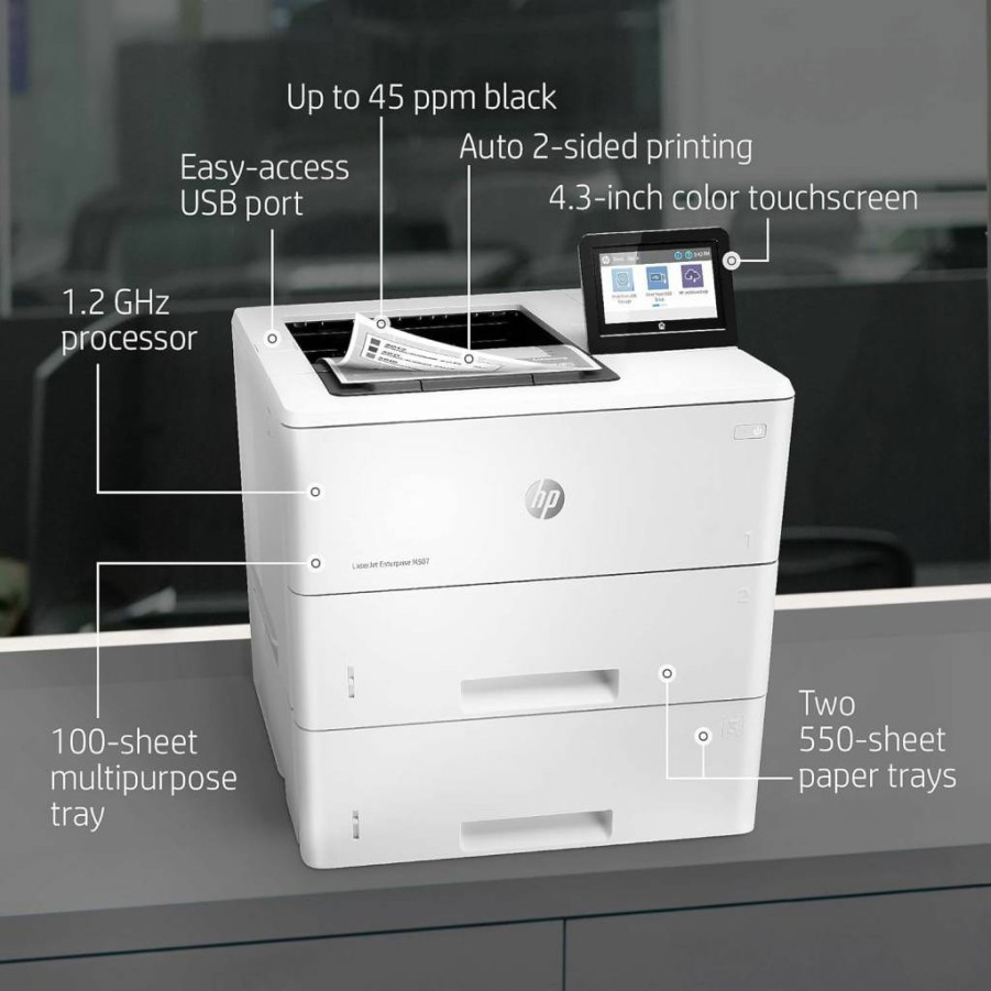 HP LaserJet M507x Wireless Monochrome Printer with Duplex Printing, Ethernet Connectivity & 500-Sheet Tray | 1PV88A | Business Office Printer