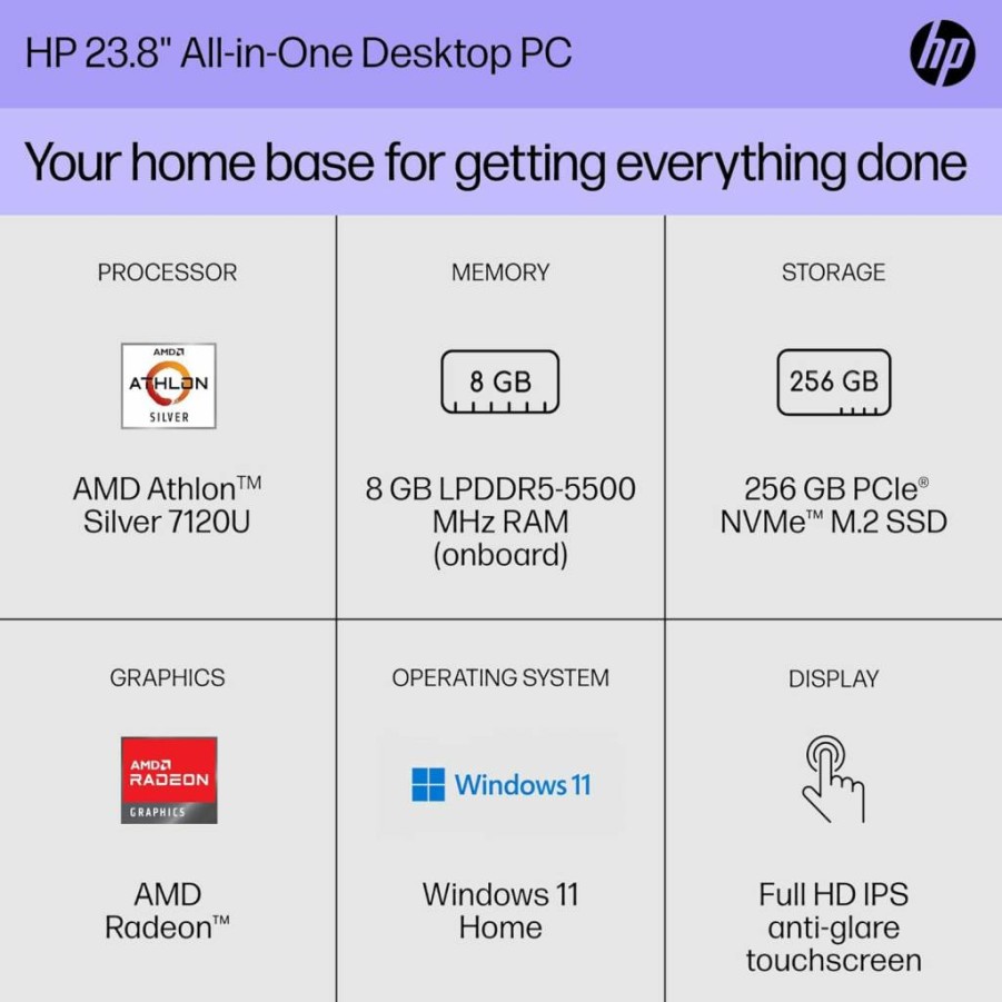 HP 23.8" All-in-One Desktop PC (2023) - AMD Athlon Silver 7120U, 8GB RAM, 256GB SSD, FHD Display, AMD Radeon Graphics, Windows 11 Home - 24-Cr0110